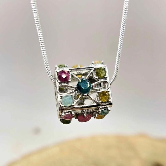 Nature Rainbow Faceted Tourmaline Rectangular Cage Pendant Necklace - Picture 10 of 10